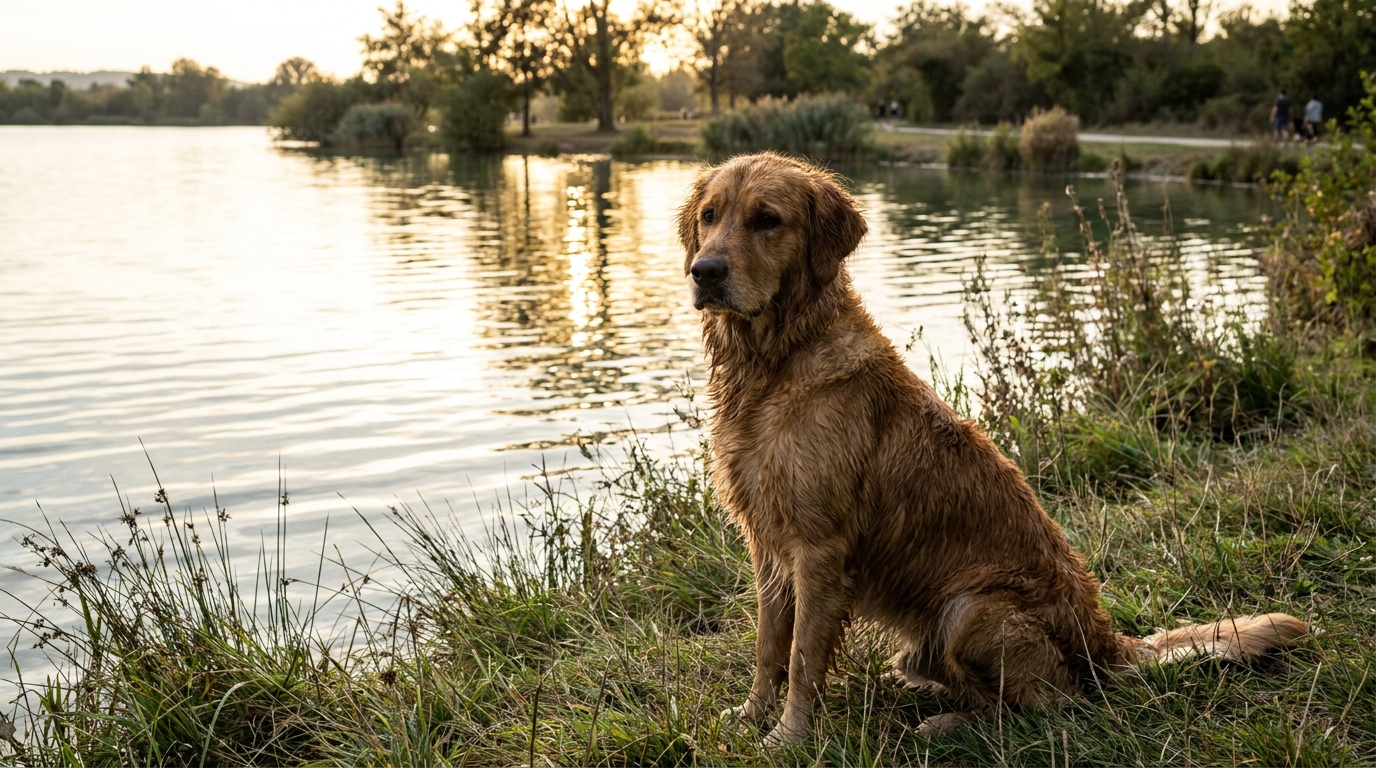 Un chien se repose sur la berge du lac des Eaux Bleues au parc de Miribel-Jonage, regardant l'eau avec prudence.