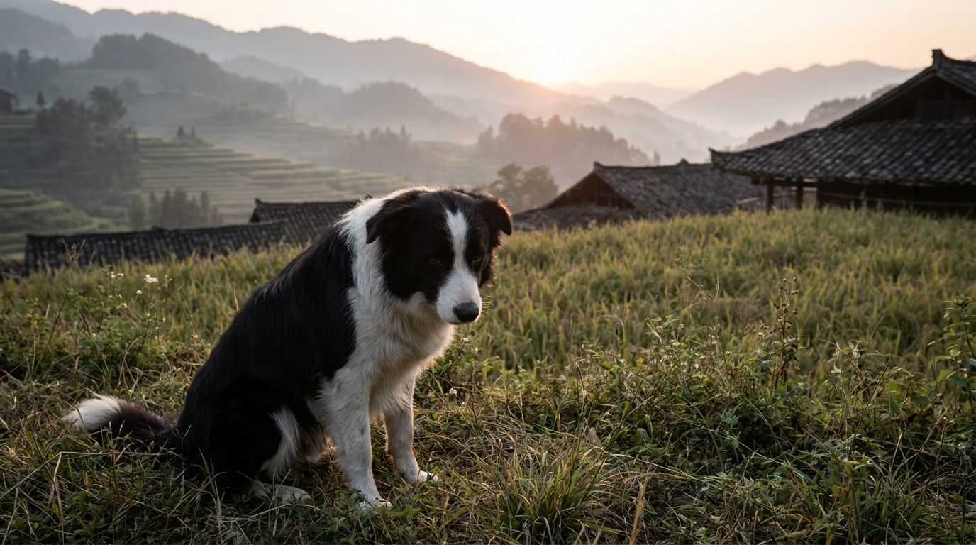 Un chien de race border collie avec une expression triste, représentant Chutou, l'animal star des réseaux sociaux.