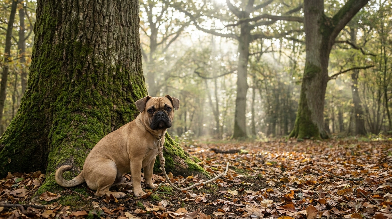 Un jeune chien croisé bouledogue français, l'air triste mais plein d'espoir, assis au pied d'un arbre dans une forêt normande.