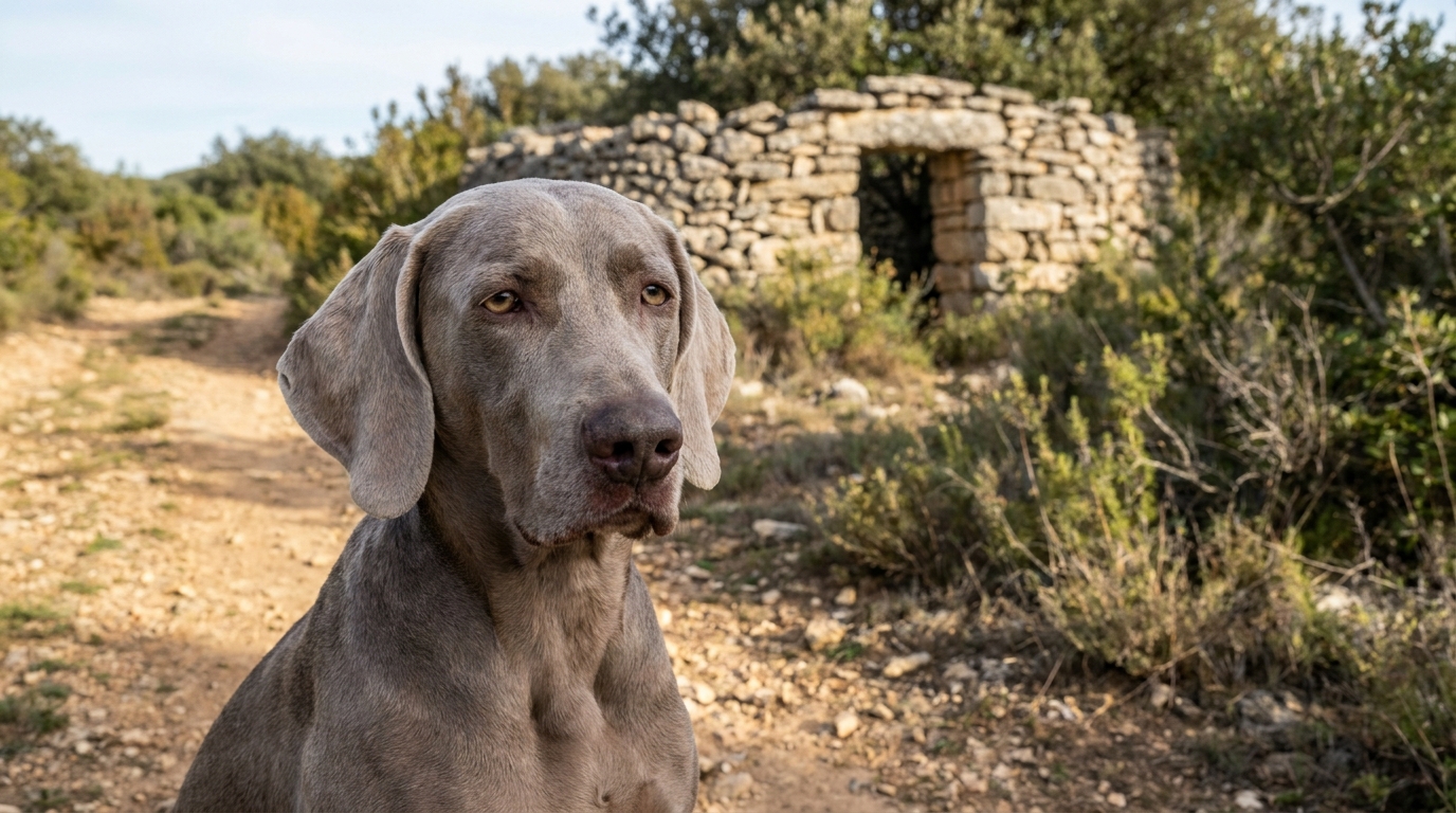 Un chien de race Braque de Weimar au regard triste, assis sur un sentier en forêt, symbolisant le danger des promenades.