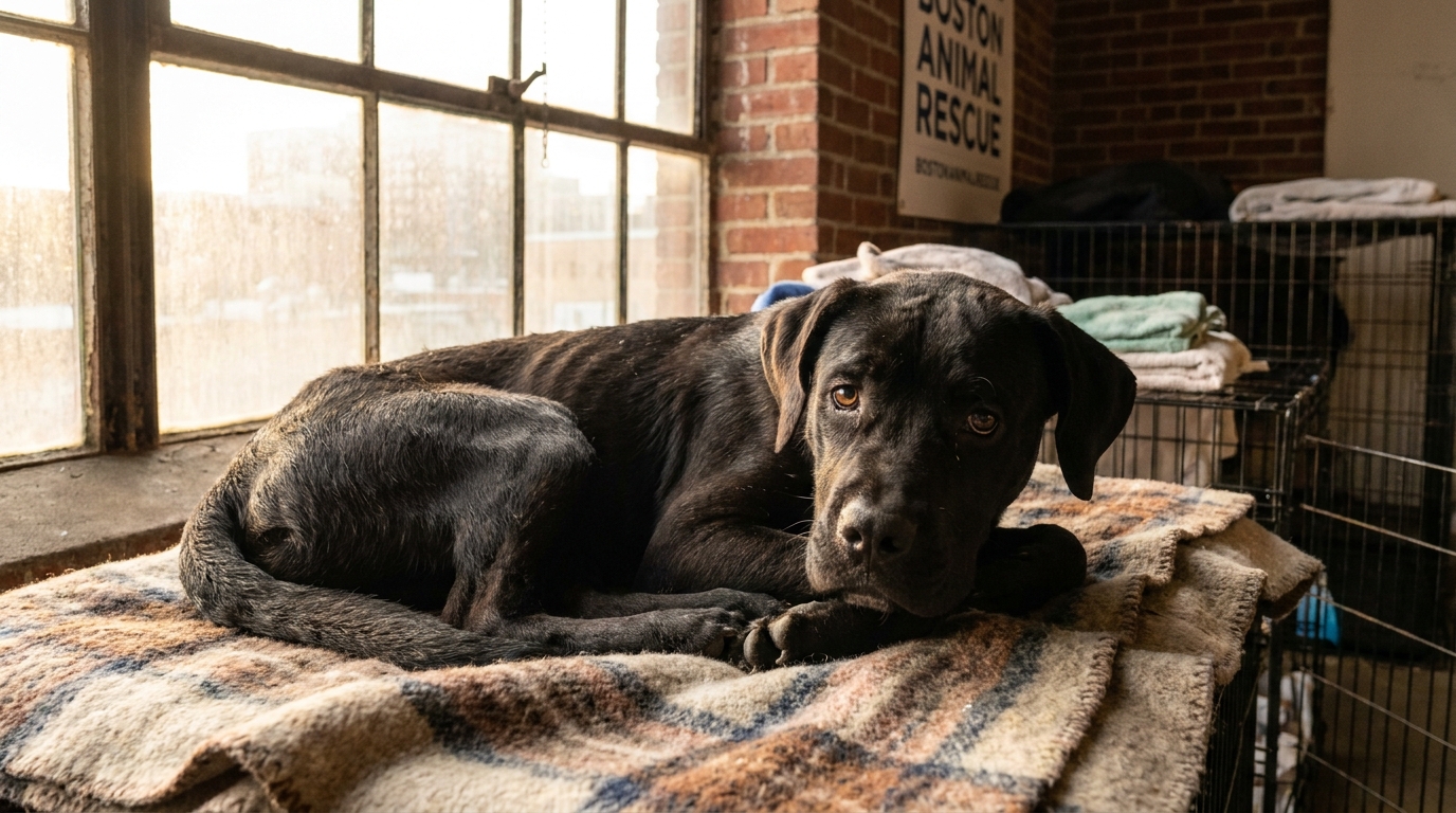Un chien croisé Cane Corso au regard doux, en convalescence dans un refuge, montrant des signes d'espoir et de reprise de poids.