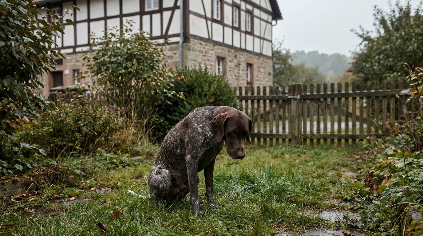 Un chien de type chasseur, l'air coupable ou triste, assis dans un jardin verdoyant en Allemagne, symbolisant un drame animalier.