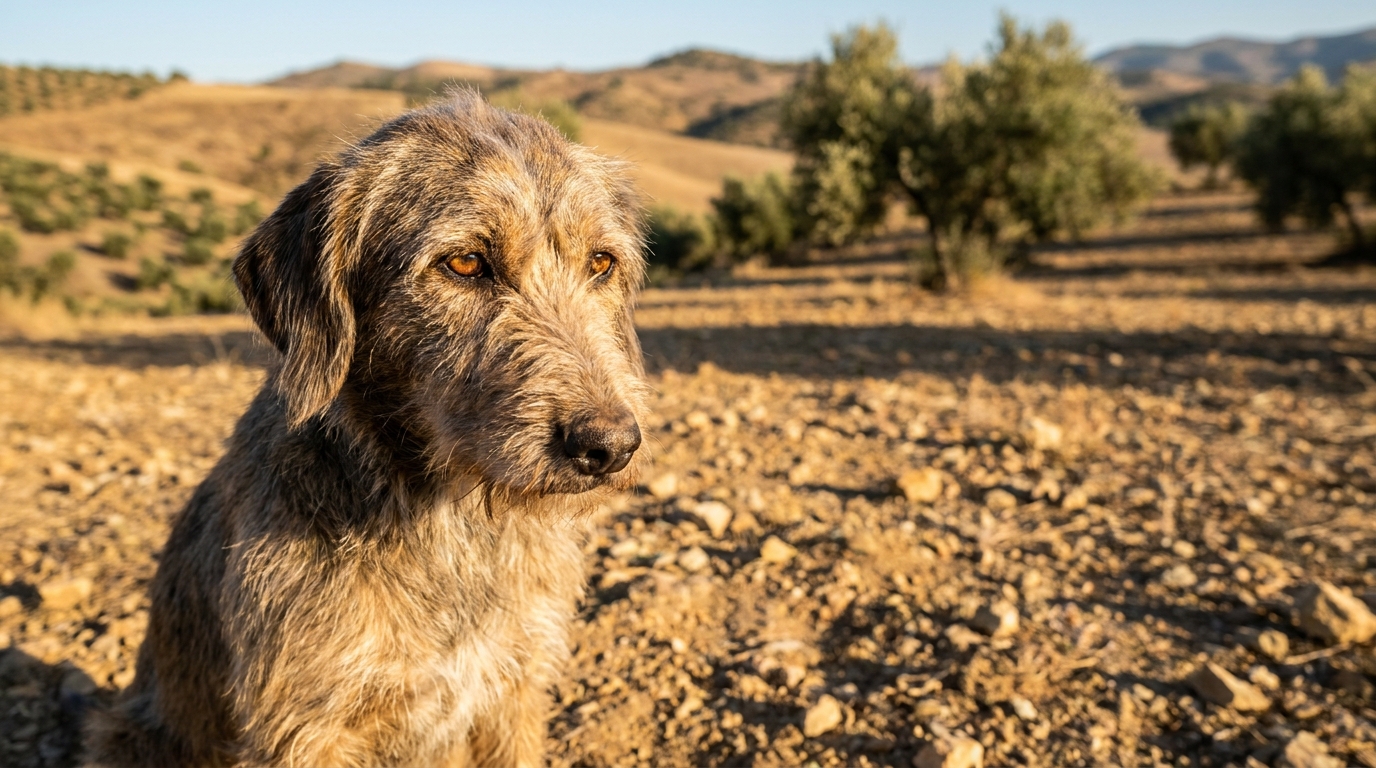 Un chien de chasse de type podenco, au regard mélancolique, assis dans une zone rocheuse et aride typique de l'Espagne.
