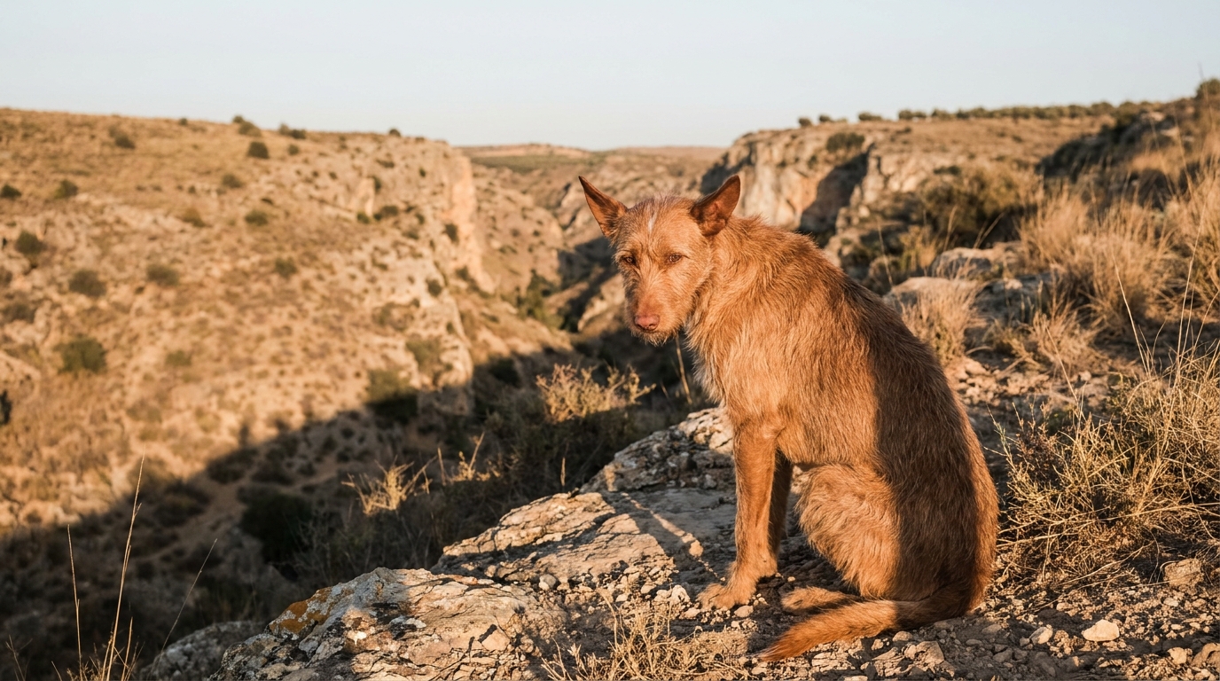 Un chien de chasse de type podenco regarde tristement l'horizon dans un paysage aride du sud de l'Espagne au crépuscule.