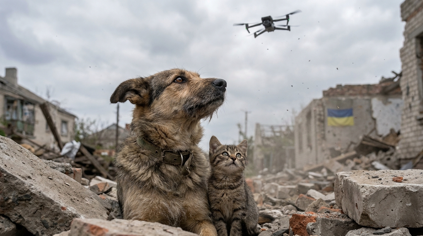 Un chien et un chat réfugiés dans des ruines en Ukraine regardent un drone de sauvetage qui les a repérés.