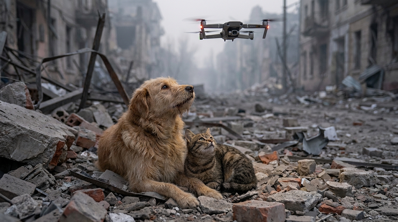 Un chien et un chat blottis l'un contre l'autre dans des ruines regardent un drone qui s'approche pour les secourir.
