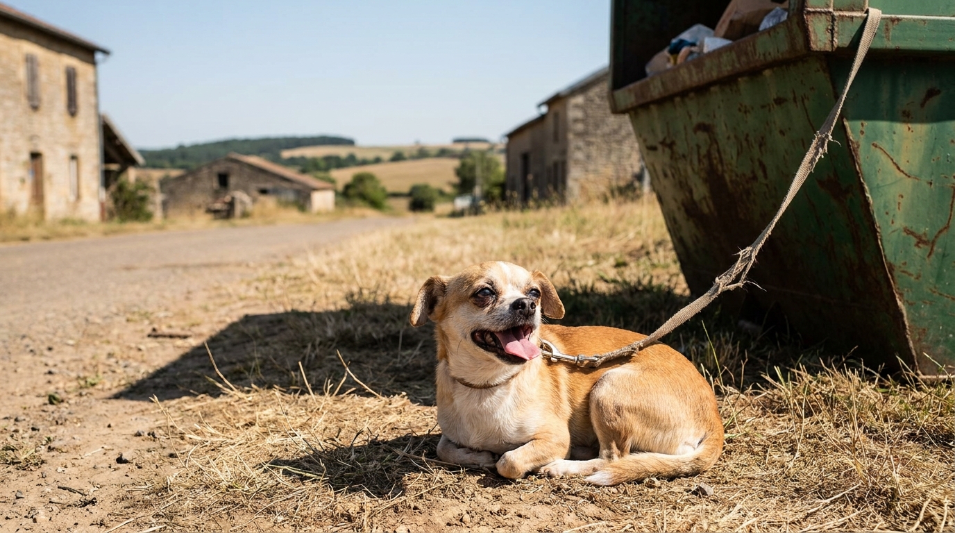 Un petit chien de type chihuahua, l'air triste et perdu, assis près d'une poubelle dans une rue ensoleillée, symbolisant l'abandon.