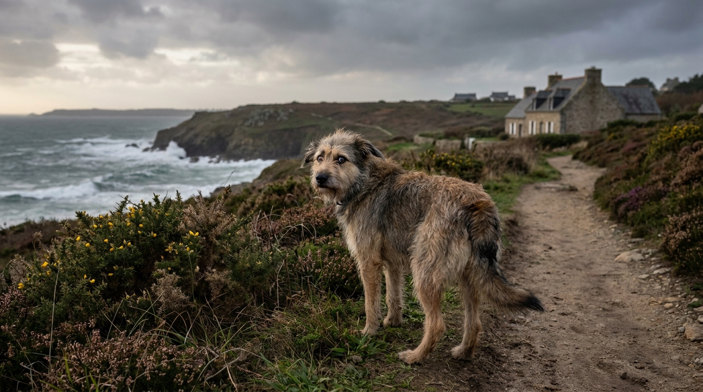 Un chien de type berger, l'air craintif et perdu, se cache derrière un buisson dans une rue de Concarneau, en Bretagne.