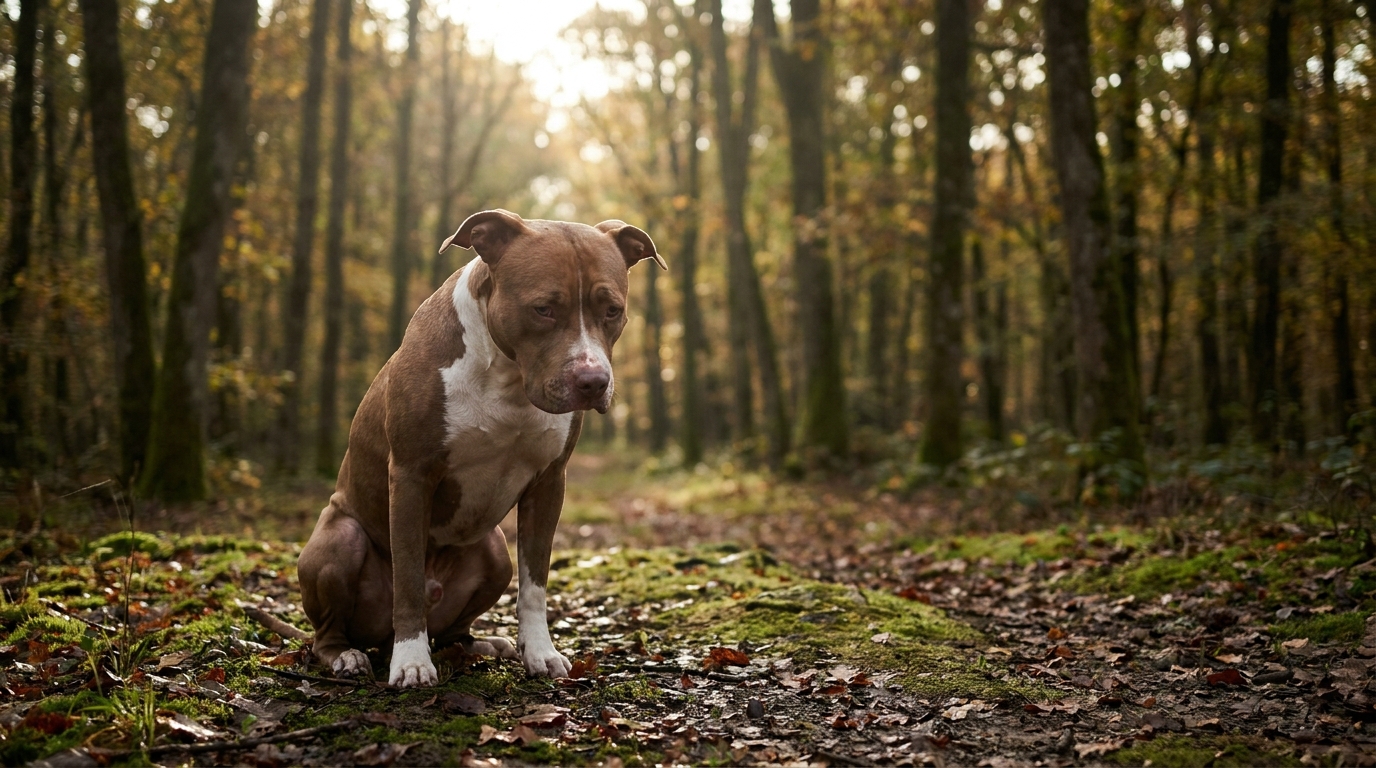 Un chien de type pitbull assis seul dans une forêt, le regard empreint de tristesse, symbolisant l'affaire Curtis.
