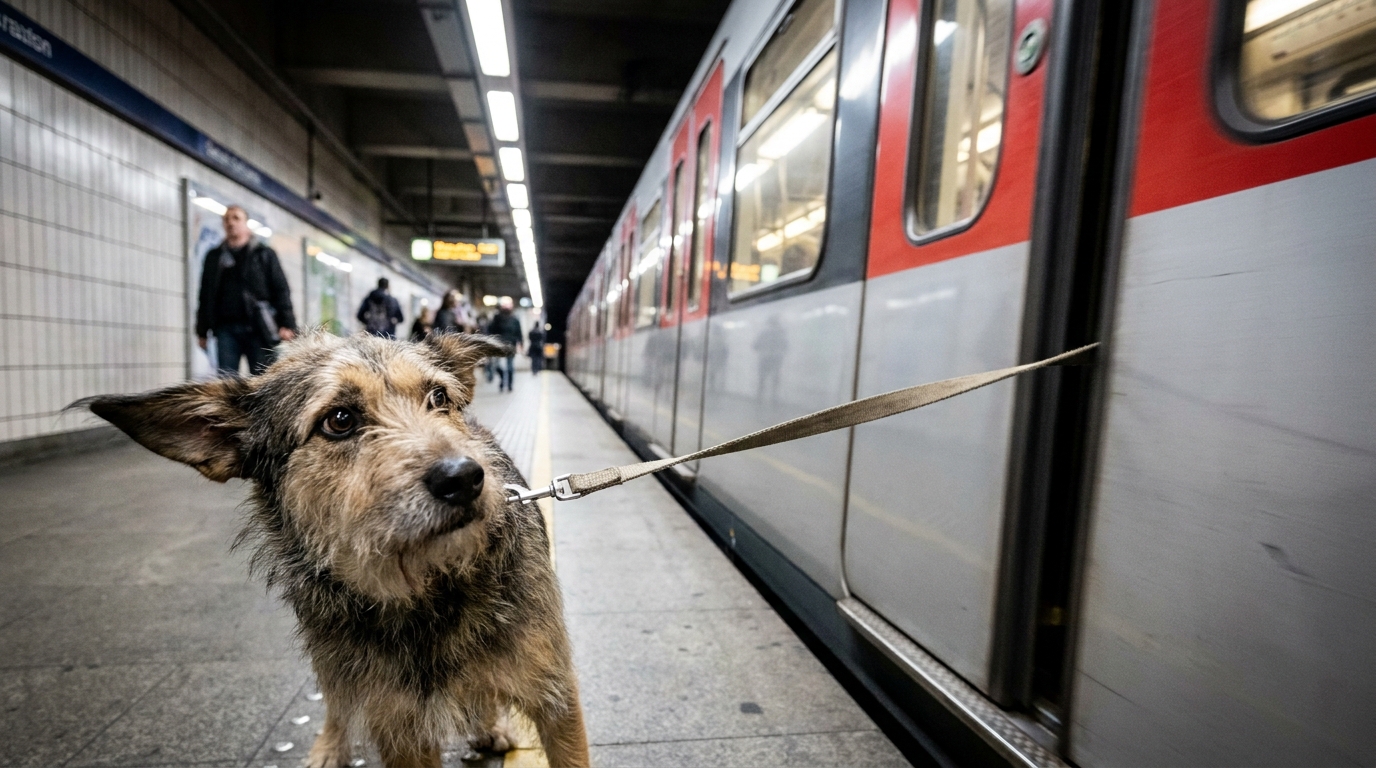 Un chien regarde avec anxiété une rame de métro qui s'éloigne sur un quai bruxellois, illustrant un accident tragique.