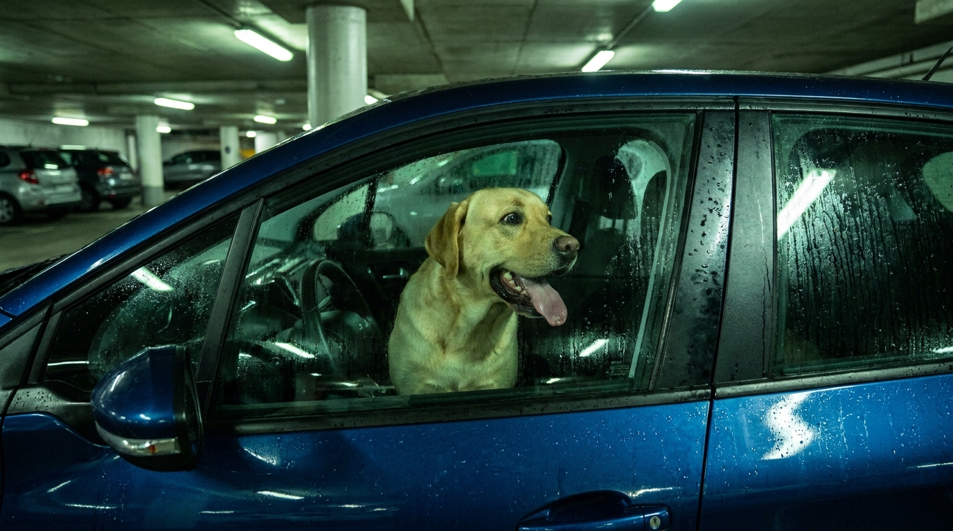 Un chien de type golden retriever, visiblement en détresse, haletant derrière la vitre fermée d'une voiture garée au soleil.