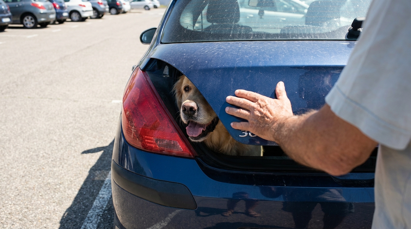 Un chien en détresse regarde à travers l'ouverture d'un coffre de voiture, symbolisant le danger de laisser un animal dans un véhicule.