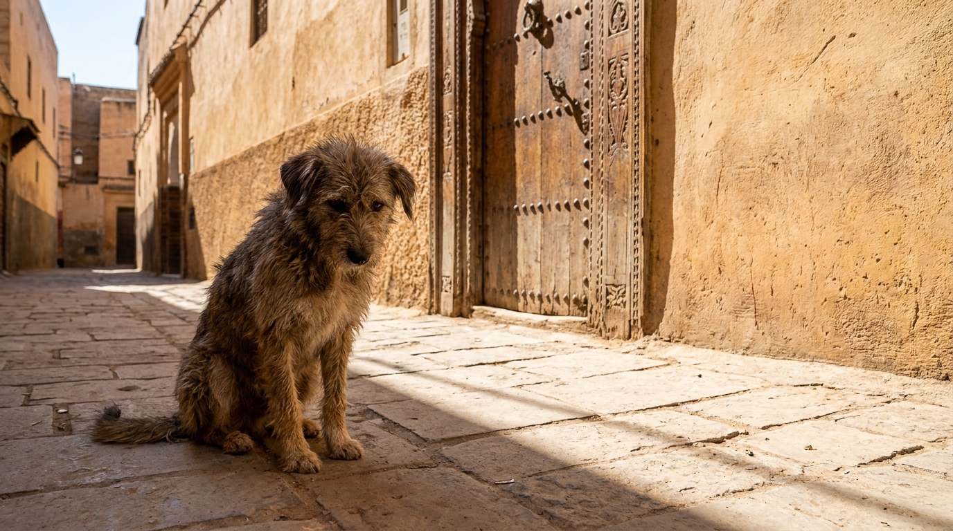 Un chien errant au pelage clair se repose sur un trottoir dans une rue marocaine, le regard triste et pensif.