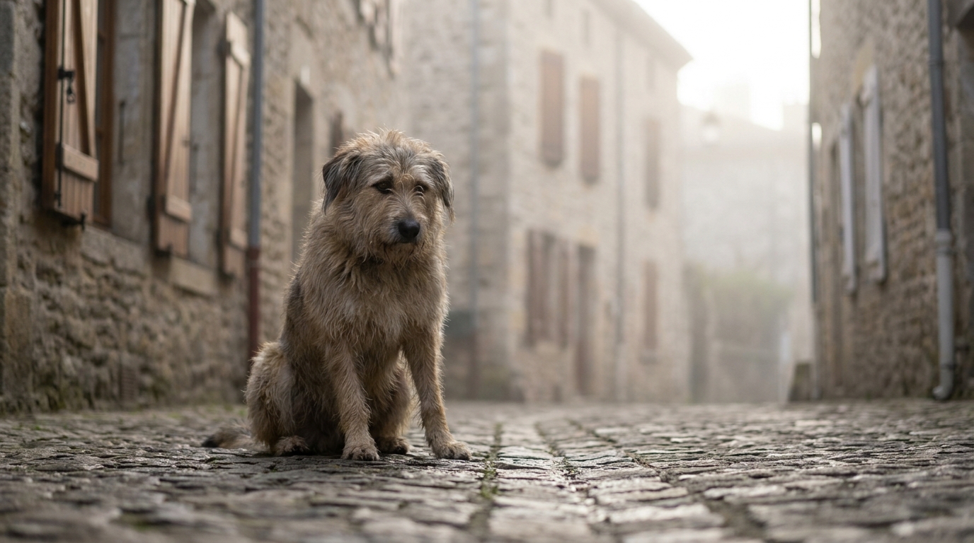 Un chien de type berger, l'air perdu et inquiet, se tient seul au milieu d'une rue pavée dans un village de campagne française au petit matin.