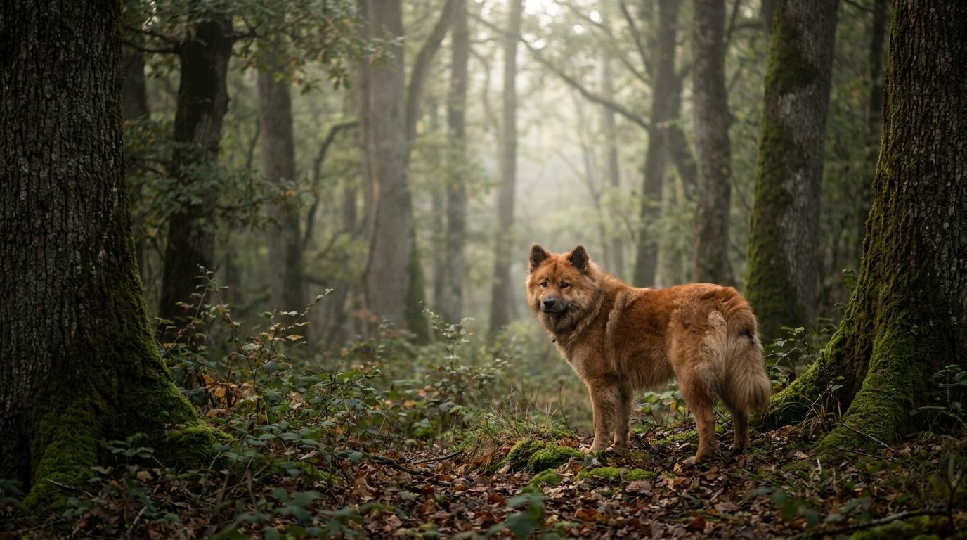 Un chien de type eurasien, à l'air inquiet mais plein d'espoir, se tient à l'orée d'un bois en Haute-Saône, en France.