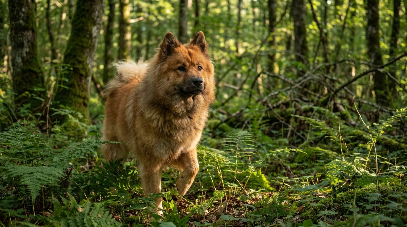 Un chien de race eurasier, roux et touffu, se tient dans un sous-bois en Haute-Saône et regarde au loin avec une expression inquiète.