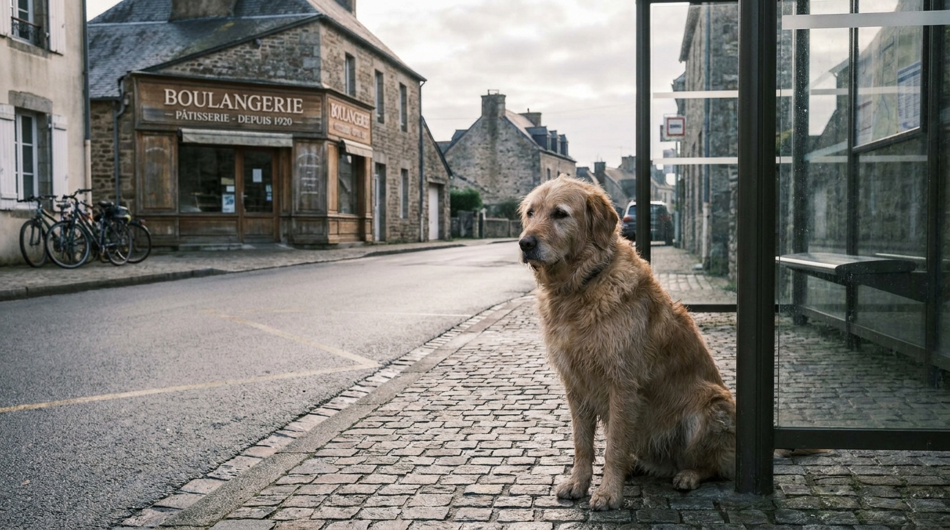 Un chien de race croisée au pelage brun est assis sagement sur un trottoir à côté d'un abribus, le regard fixé sur la route.