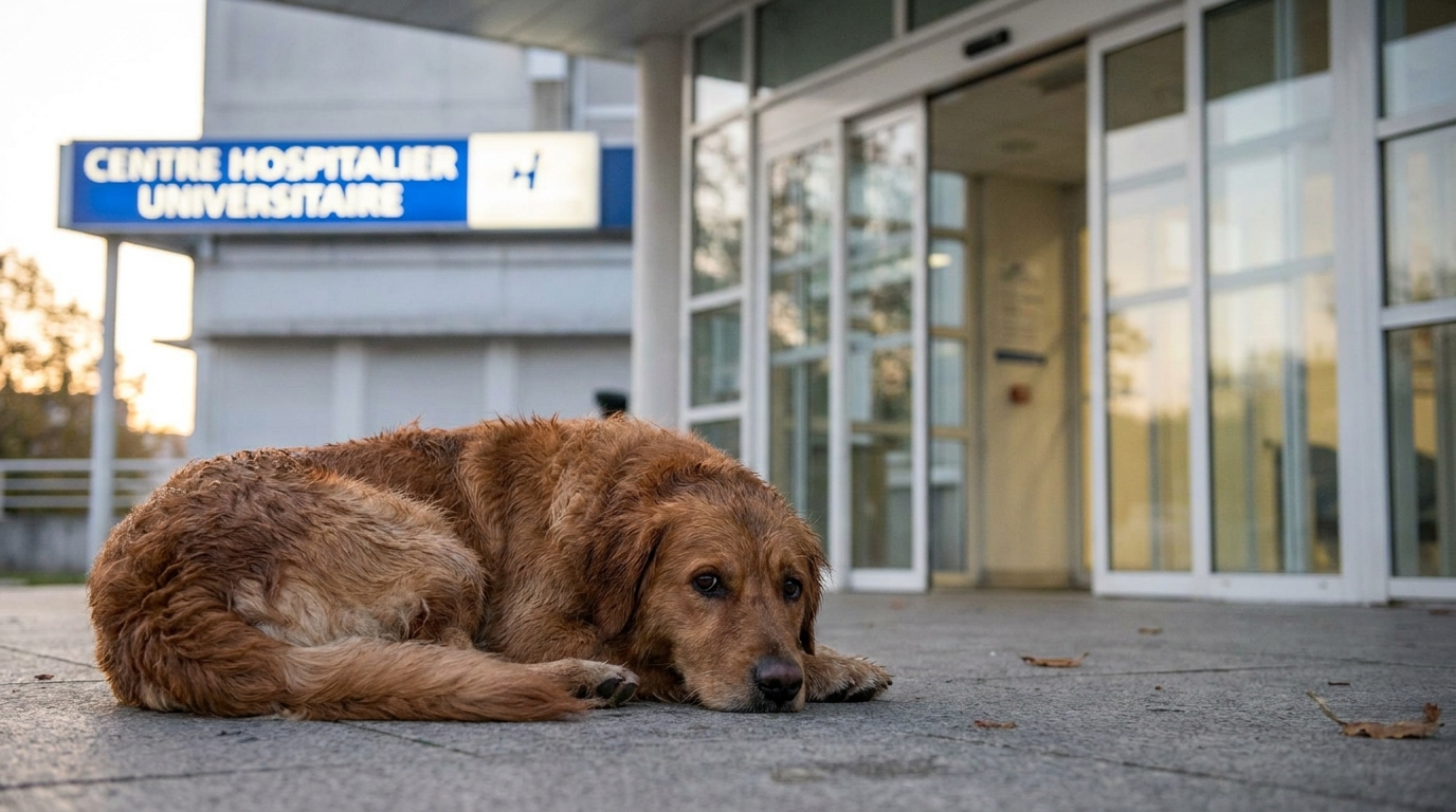 Un chien croisé de type Berger au regard triste, couché sur le parvis en béton d'un hôpital, fixant les portes vitrées.