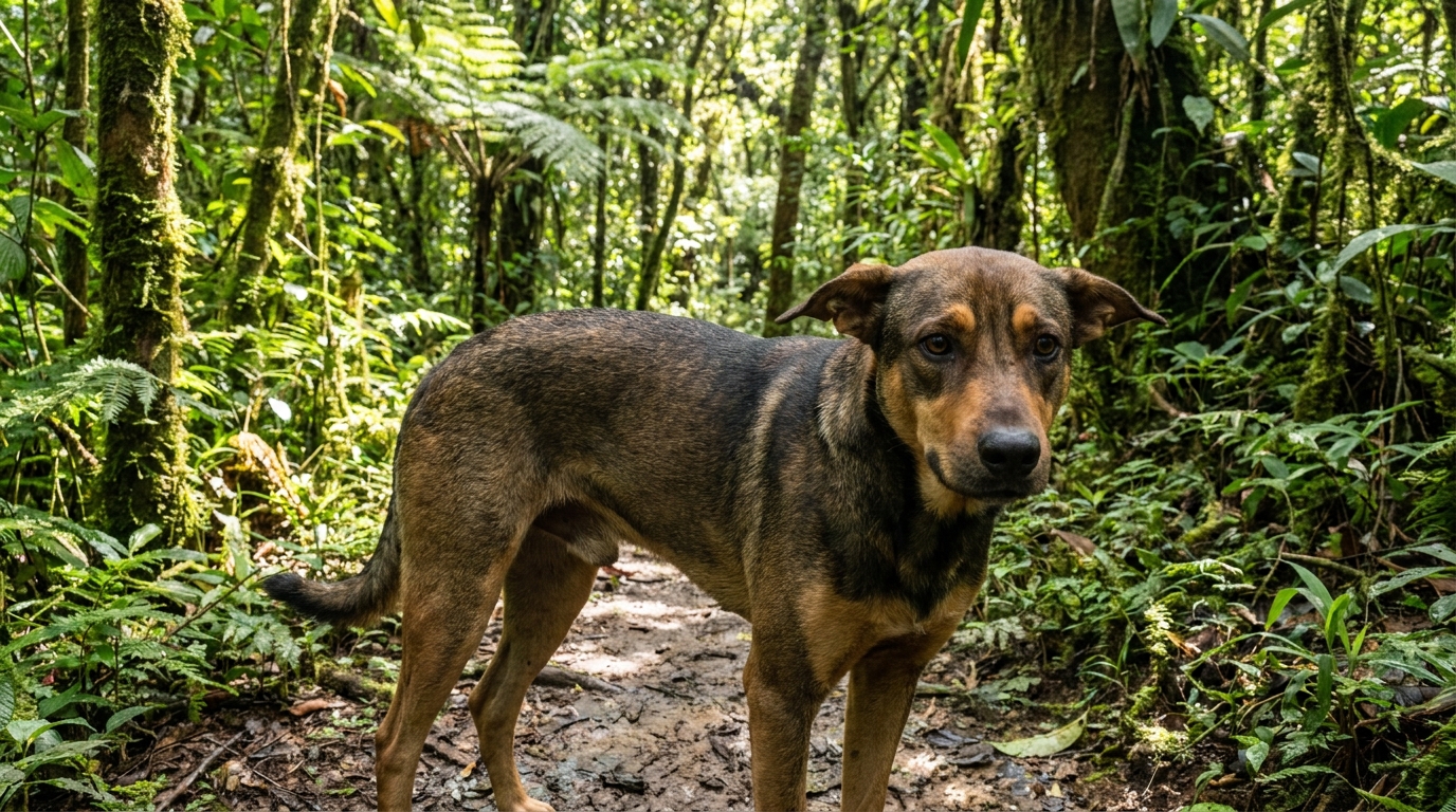 Un chien au regard inquiet dans une forêt tropicale luxuriante, représentant le danger potentiel lors d'une promenade.