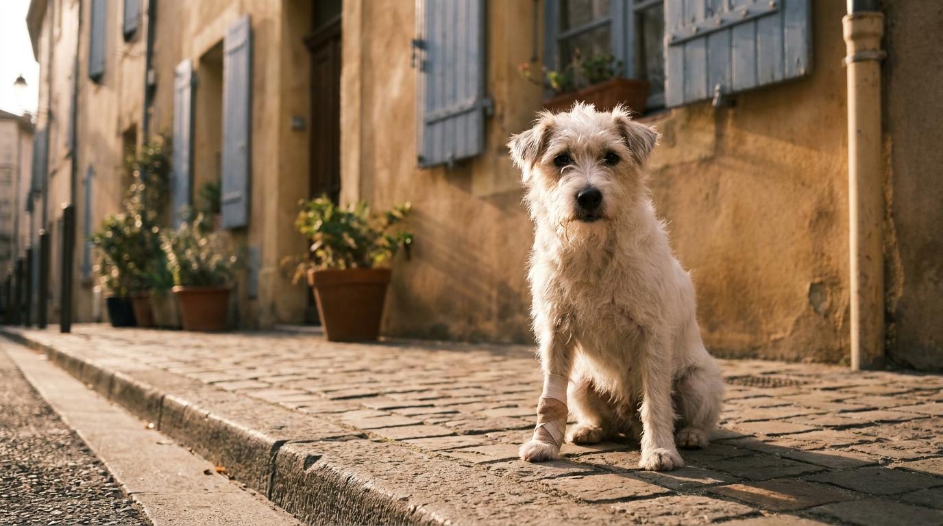 Un petit chien de type fox-terrier au regard triste, avec une patte bandée, est couché sur une couverture dans un refuge.
