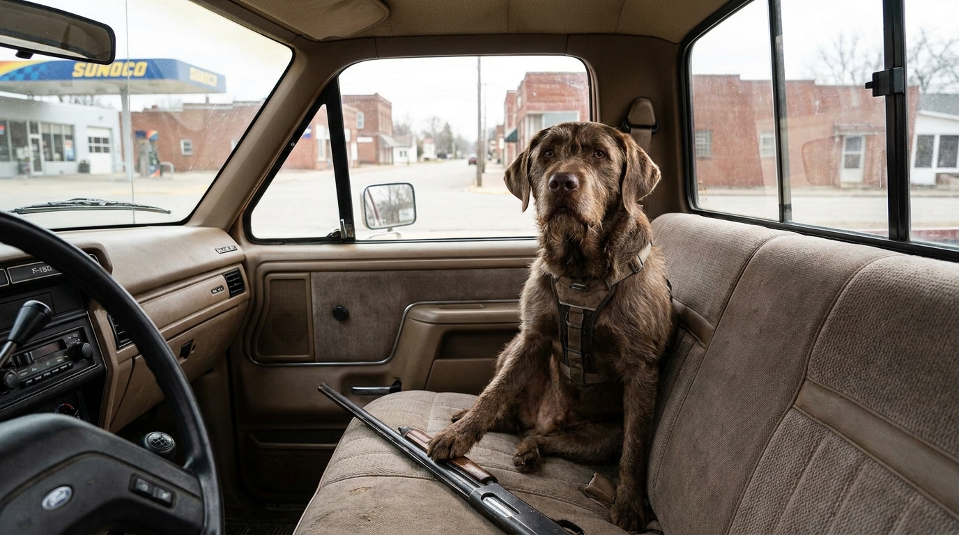 Un chien à l'air confus est assis sur la banquette arrière d'un véhicule, une de ses pattes reposant accidentellement sur un fusil de chasse.