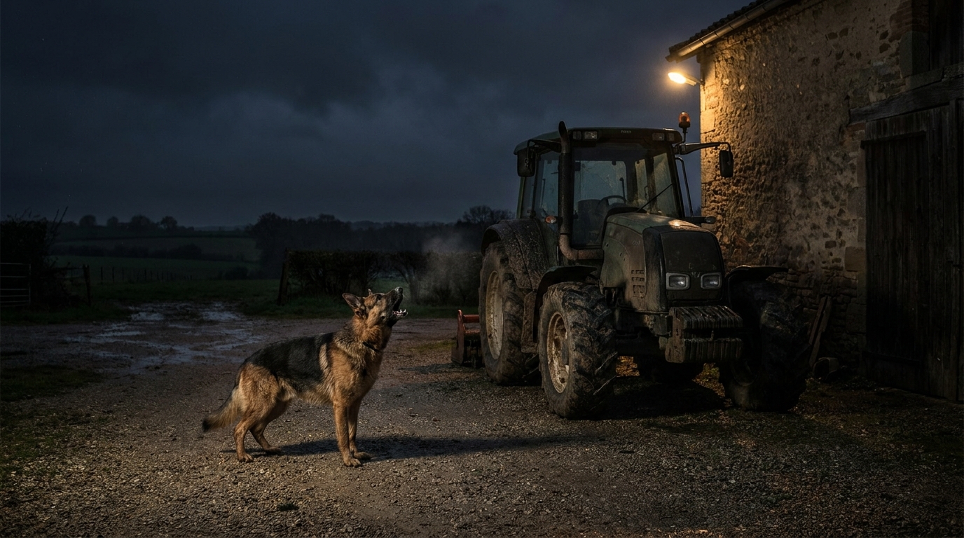 Un chien de garde aboie courageusement dans la nuit pour défendre une propriété agricole dans la campagne française.