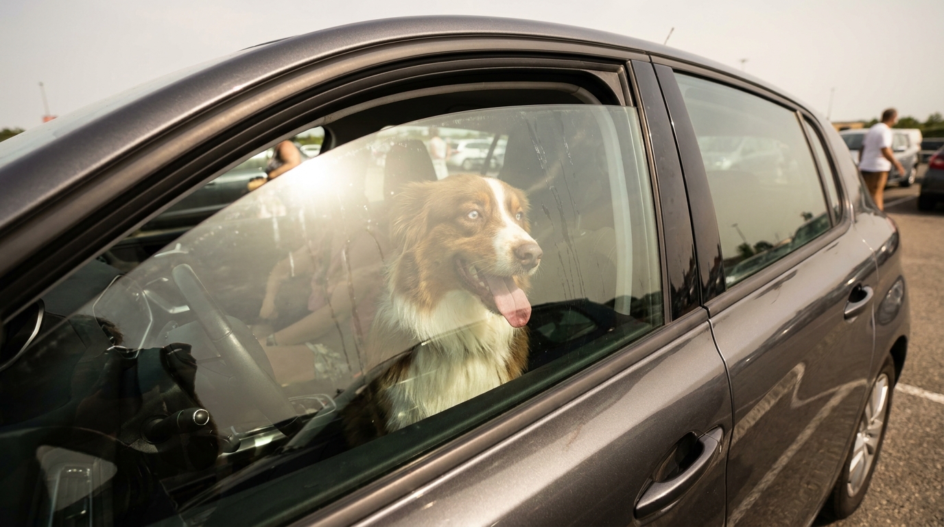 Un chien de type berger, seul et visiblement en détresse, haletant derrière la vitre d'une voiture garée au soleil.