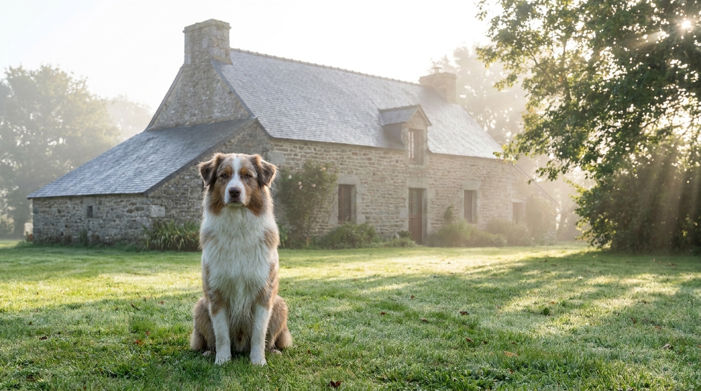 Un chien au regard loyal assis sur l'herbe devant une maison de style breton, symbolisant le sauvetage d'une famille.