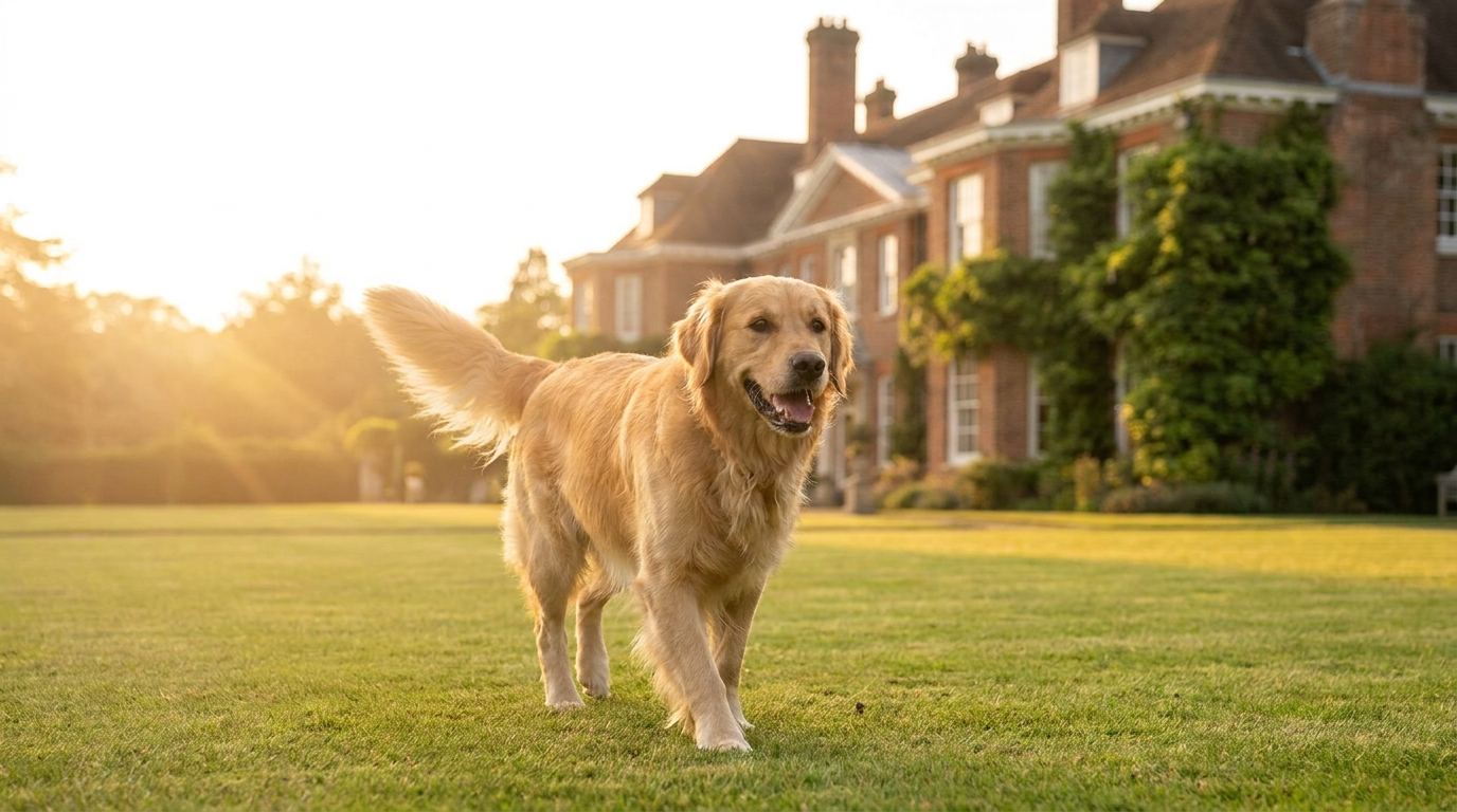 Un chien de race Golden Retriever assis dans le jardin verdoyant d'un domaine anglais, regardant avec affection vers l'objectif.