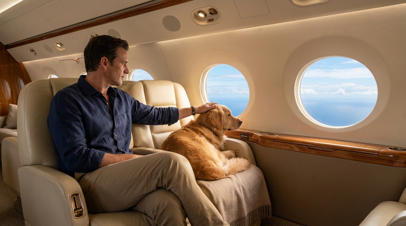 Un homme regarde tendrement son chien confortablement installé sur un siège en cuir à bord d'un jet privé, symbole d'un amour sans limites.