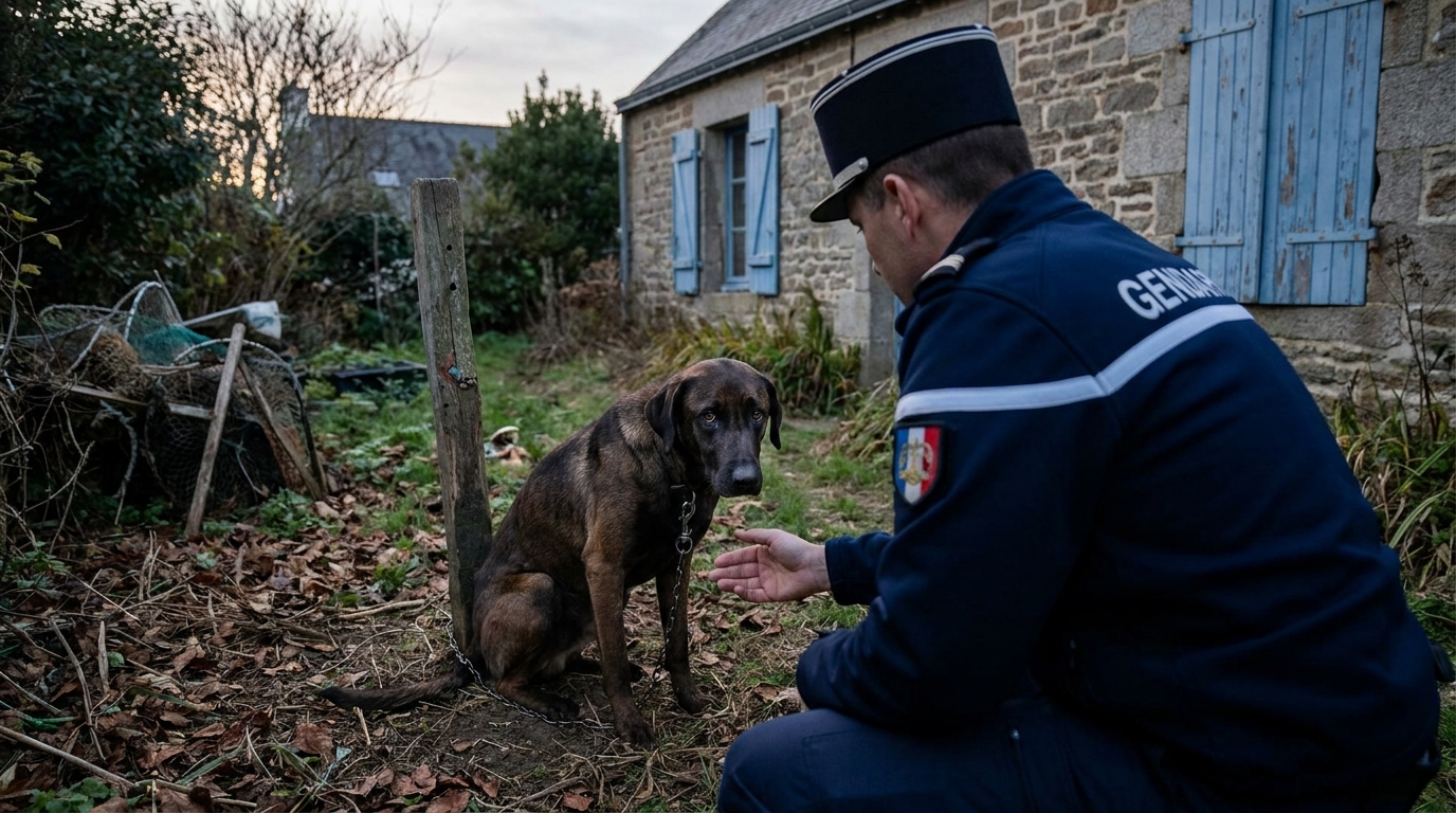 Un chien croisé Labrador Malinois au regard triste, symbolisant la souffrance d'un animal victime de maltraitance.