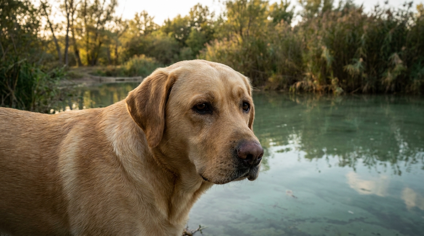 Un chien de type golden retriever regarde avec inquiétude l'eau calme d'un lac, symbolisant le danger des cyanobactéries à Miribel-Jonage.