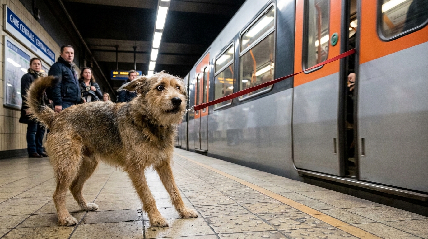 Un chien sur un quai de métro à Bruxelles, sa laisse rouge est coincée dans les portes de la rame qui démarre, illustrant un accident tragique.