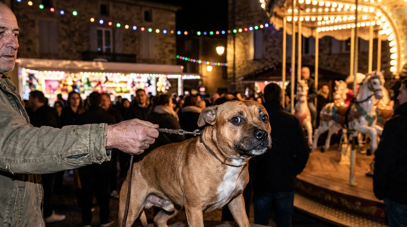 Un chien à l'air confus et mal à l'aise, tenu en laisse courte par son maître dans le contexte d'une fête populaire en France.