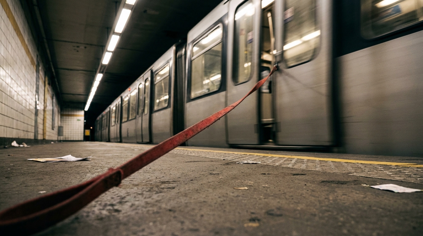 Un chien en laisse attend sagement sur un quai de métro à côté des portes d'une rame, illustrant le danger potentiel dans les transports.