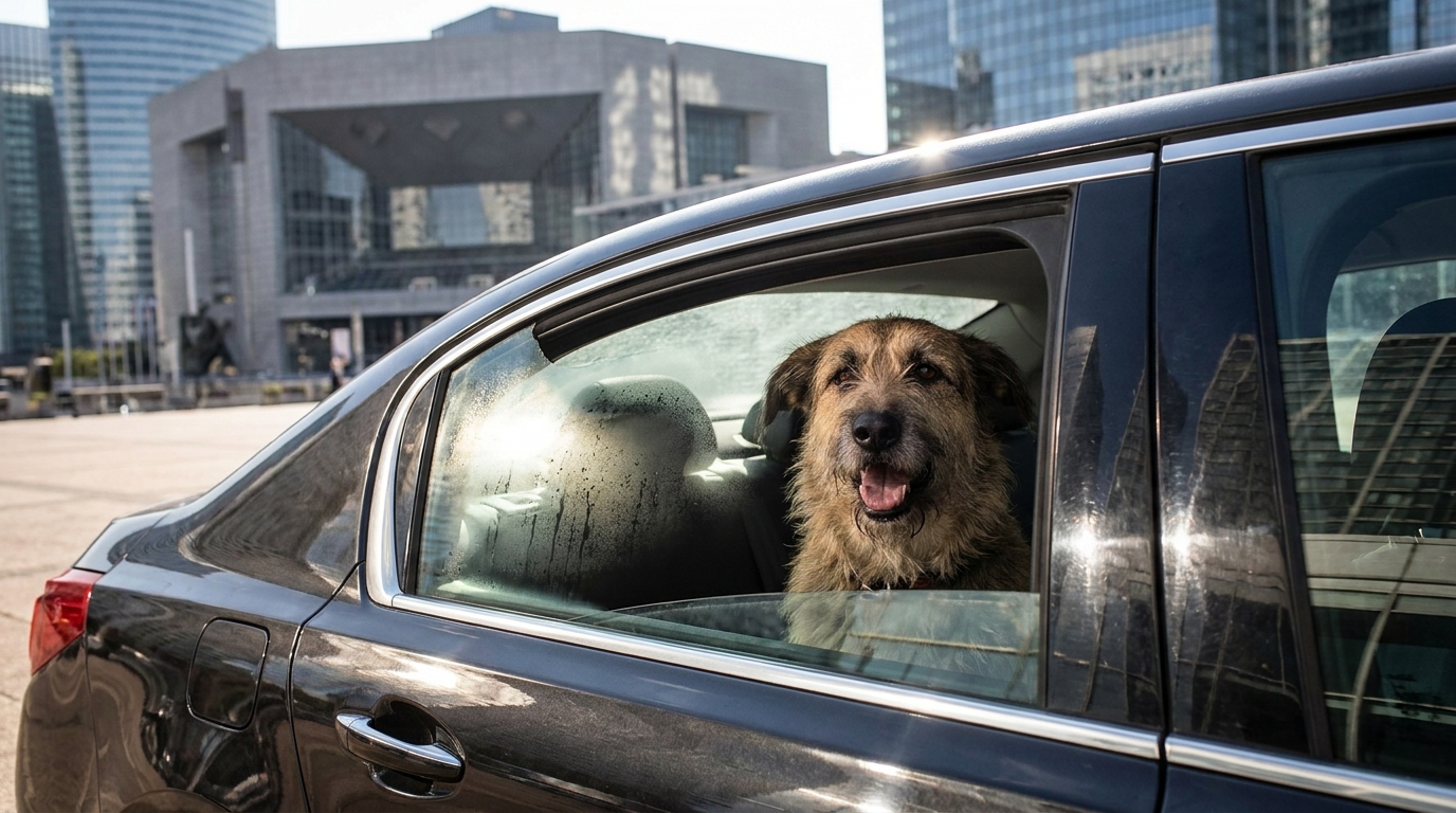 Un chien haletant regarde par la fenêtre d'une voiture garée en plein soleil près d'une salle de concert.