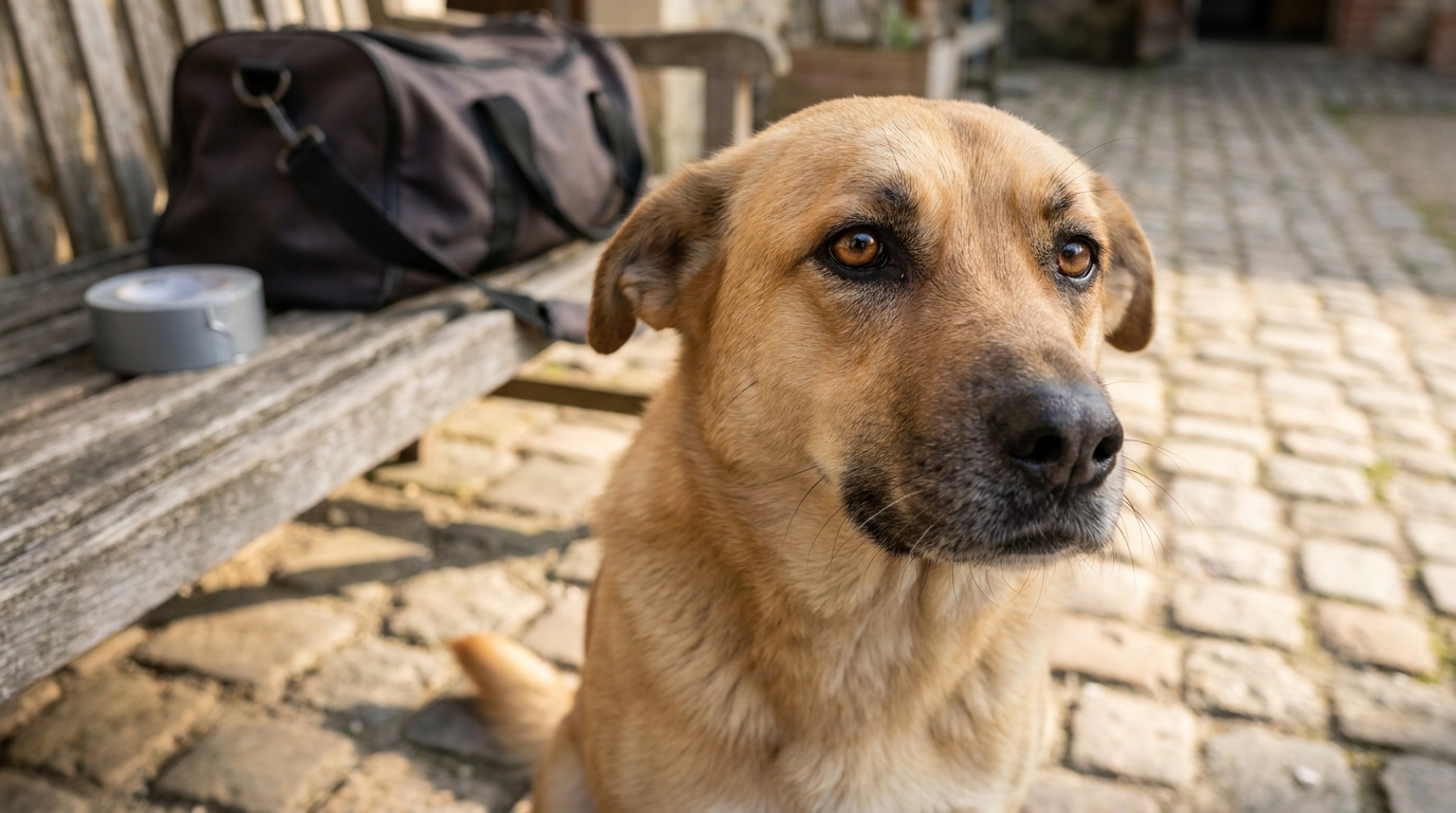 Un chien de type berger croisé regarde tristement l'objectif, symbolisant le martyre du chien Louki sauvé en Dordogne.