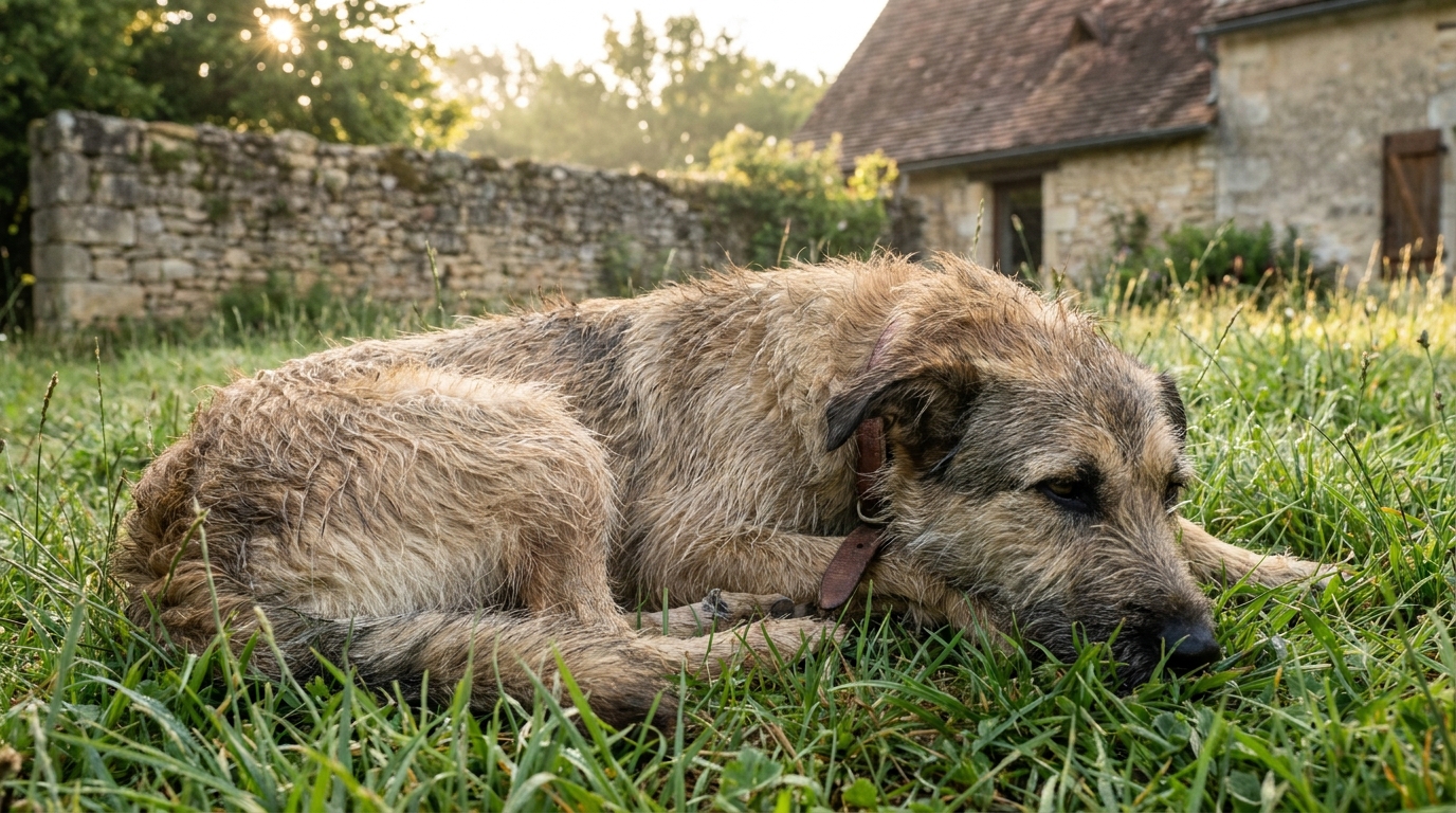 Un chien au regard triste, couché dans l'herbe d'un jardin, symbolisant la détresse après un empoisonnement.