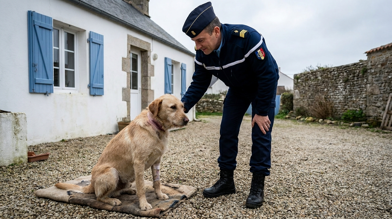 Un gendarme regarde avec tristesse un chien croisé labrador malinois, victime de maltraitance, dans une cour en Vendée.