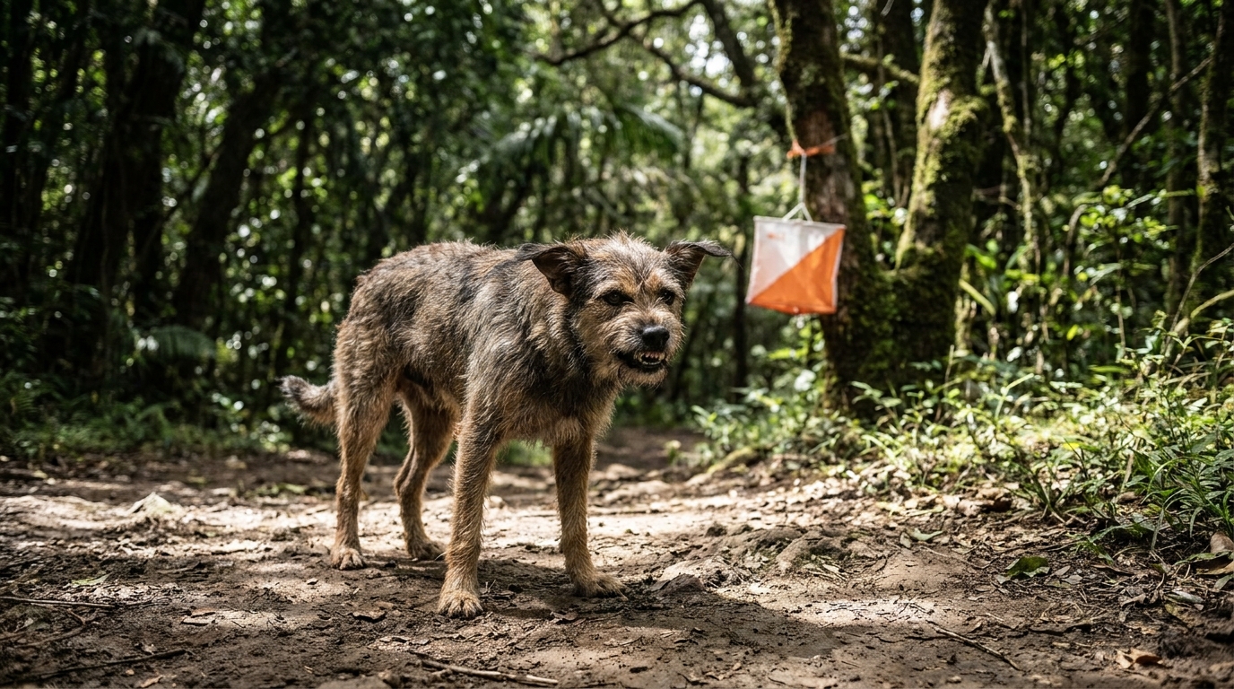 Un chien à l'air menaçant se tient sur un sentier d'une forêt de La Réunion, illustrant le danger d'une attaque soudaine en pleine nature.