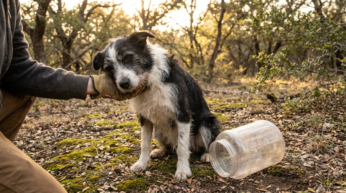 Un chien errant au pelage noir et blanc, Oreo, regarde avec douceur après avoir été sauvé d'un pot en plastique qui était coincé sur sa tête.
