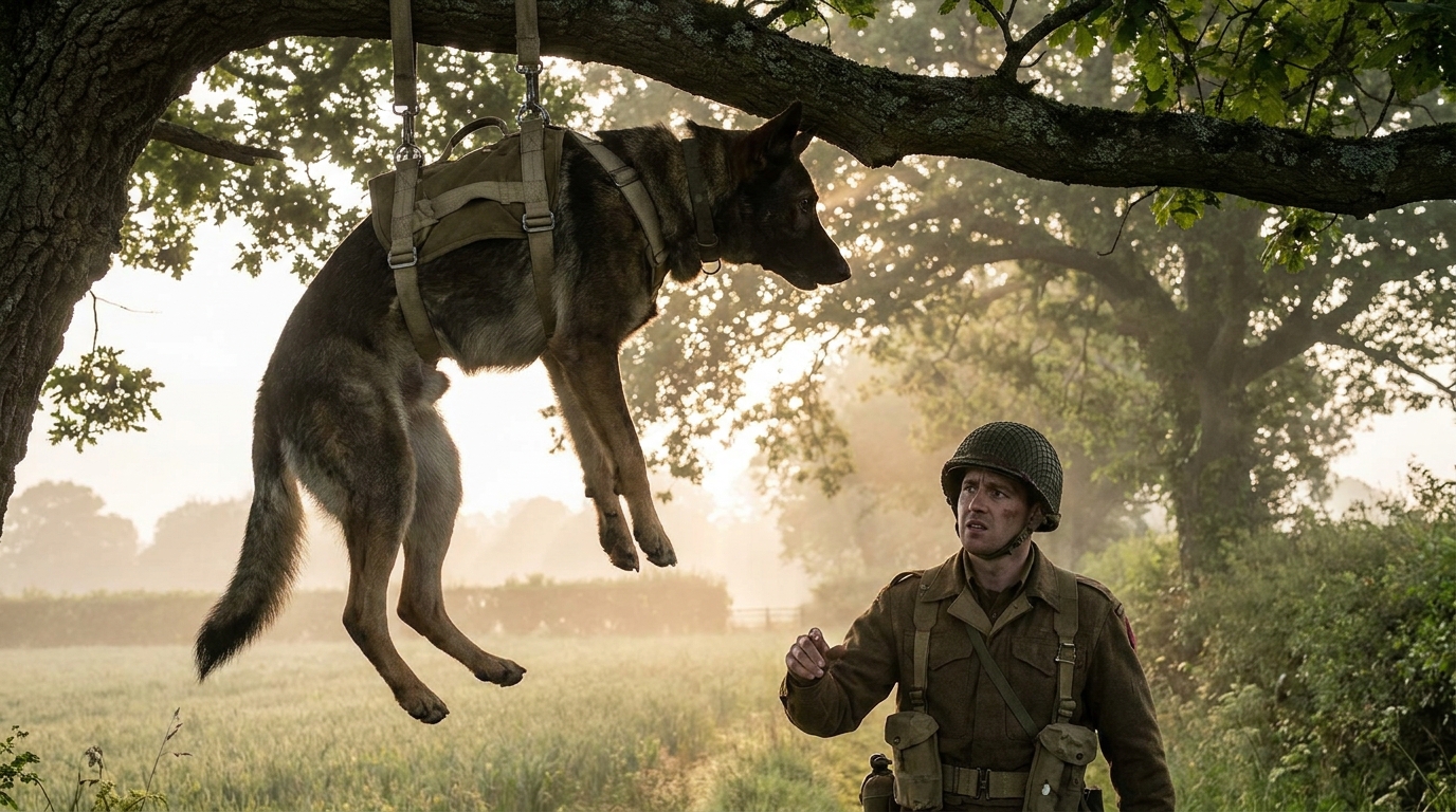 Un chien parachutiste, héros méconnu du Débarquement en Normandie, regarde son maître soldat depuis l'arbre où il est suspendu.