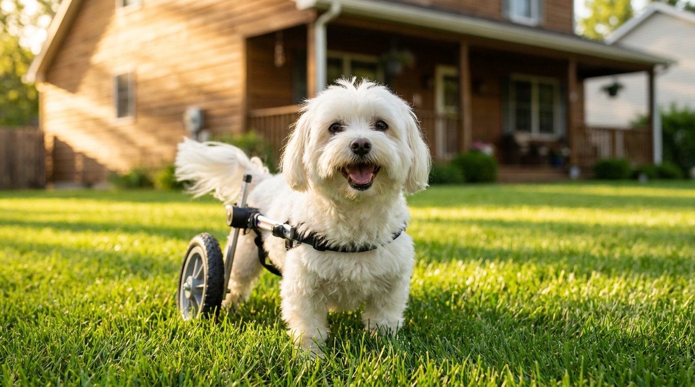 Un petit chien blanc de type Bichon Maltais, joyeux dans son fauteuil roulant pour pattes arrière, remuant la queue avec enthousiasme.