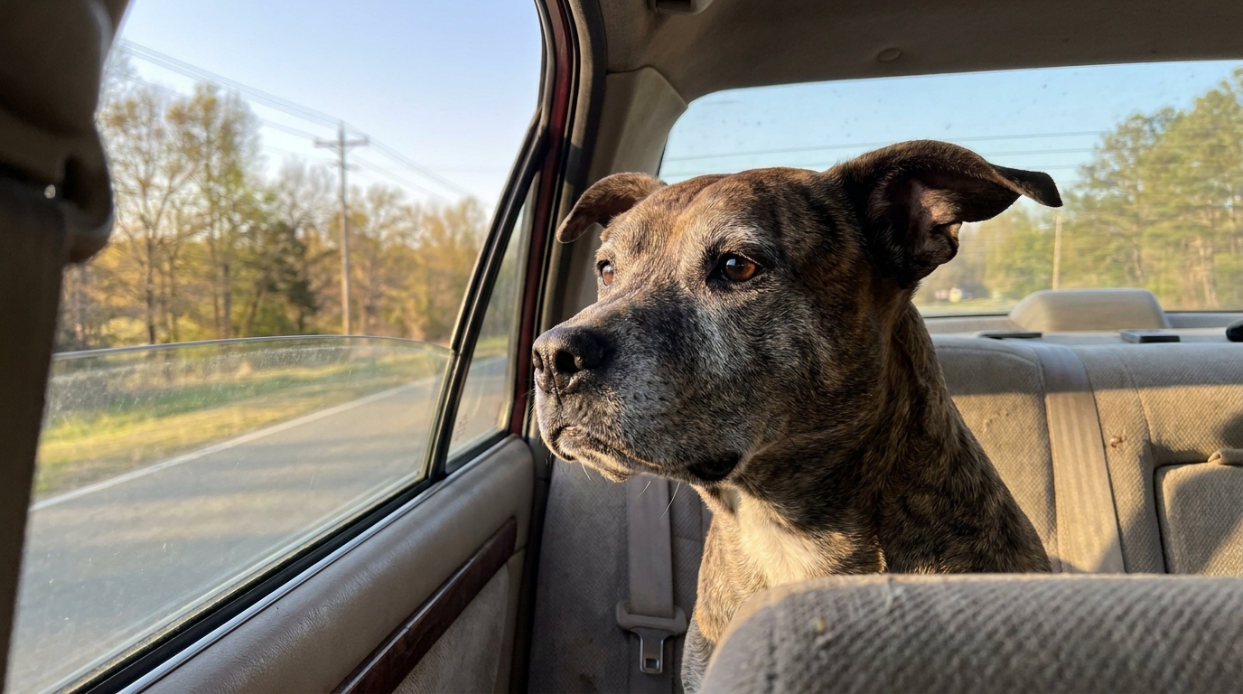 Un chien de type Pitbull au regard doux et plein d'espoir, assis dans une voiture, symbolisant son départ vers une nouvelle vie après son sauvetage.