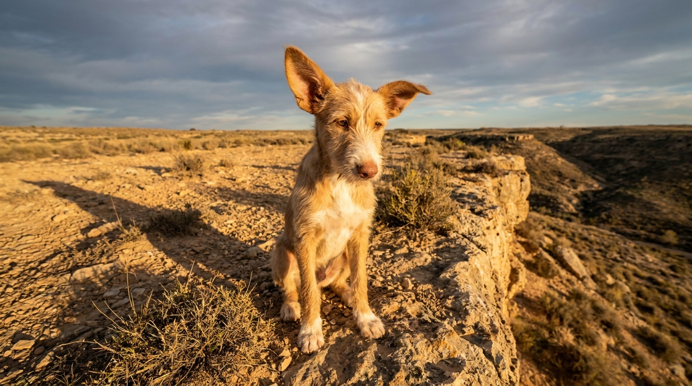 Un chien de chasse de race Podenco, au pelage fauve, regarde tristement le vide depuis le sommet d'une falaise en Andalousie.