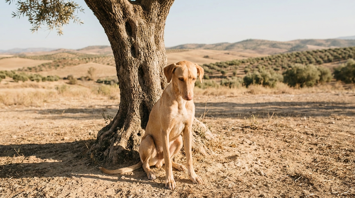 Un jeune chien de race podenco au regard triste, assis seul dans un paysage aride de l'Andalousie, en Espagne, près d'un olivier.