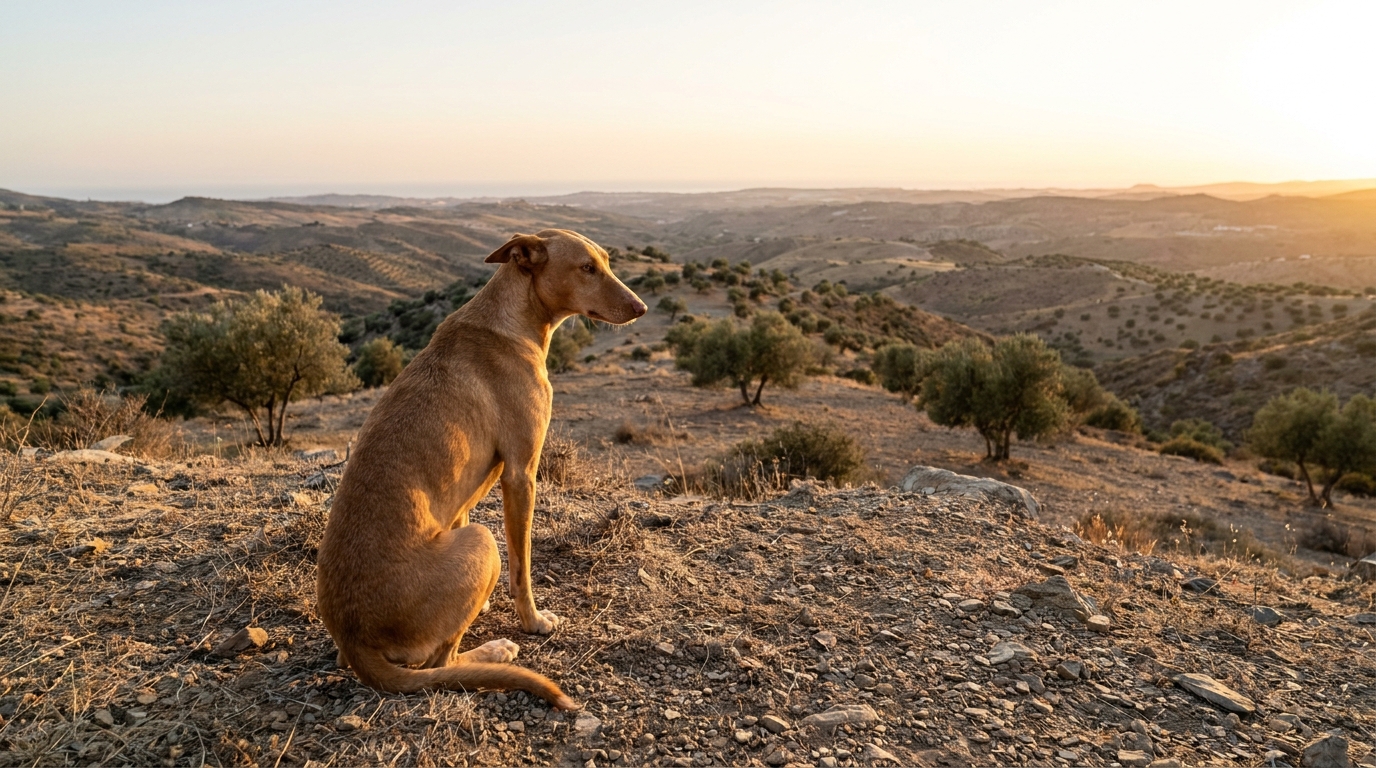 Un chien de race podenco, au poil fauve, regarde avec une expression triste un paysage de collines arides en Espagne au coucher du soleil.