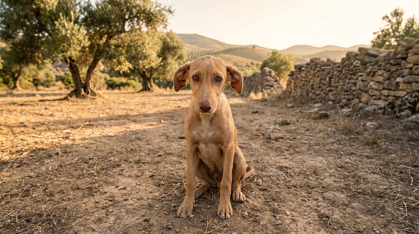 Un chien de race Podenco au pelage fauve est assis dans un refuge, son regard est empreint de tristesse et d'incompréhension.