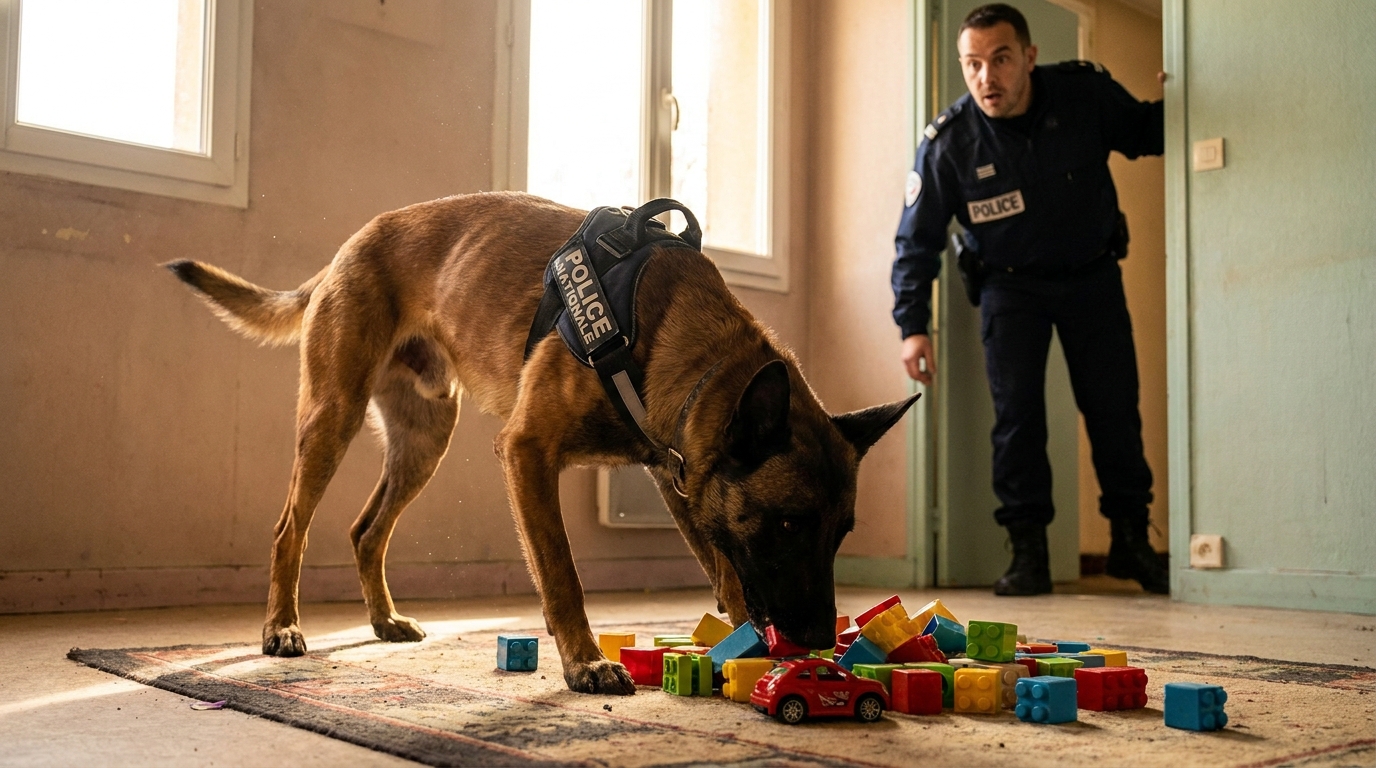 Un chien policier, un Malinois concentré, renifle attentivement un tas de jouets colorés pour enfants dans un appartement.