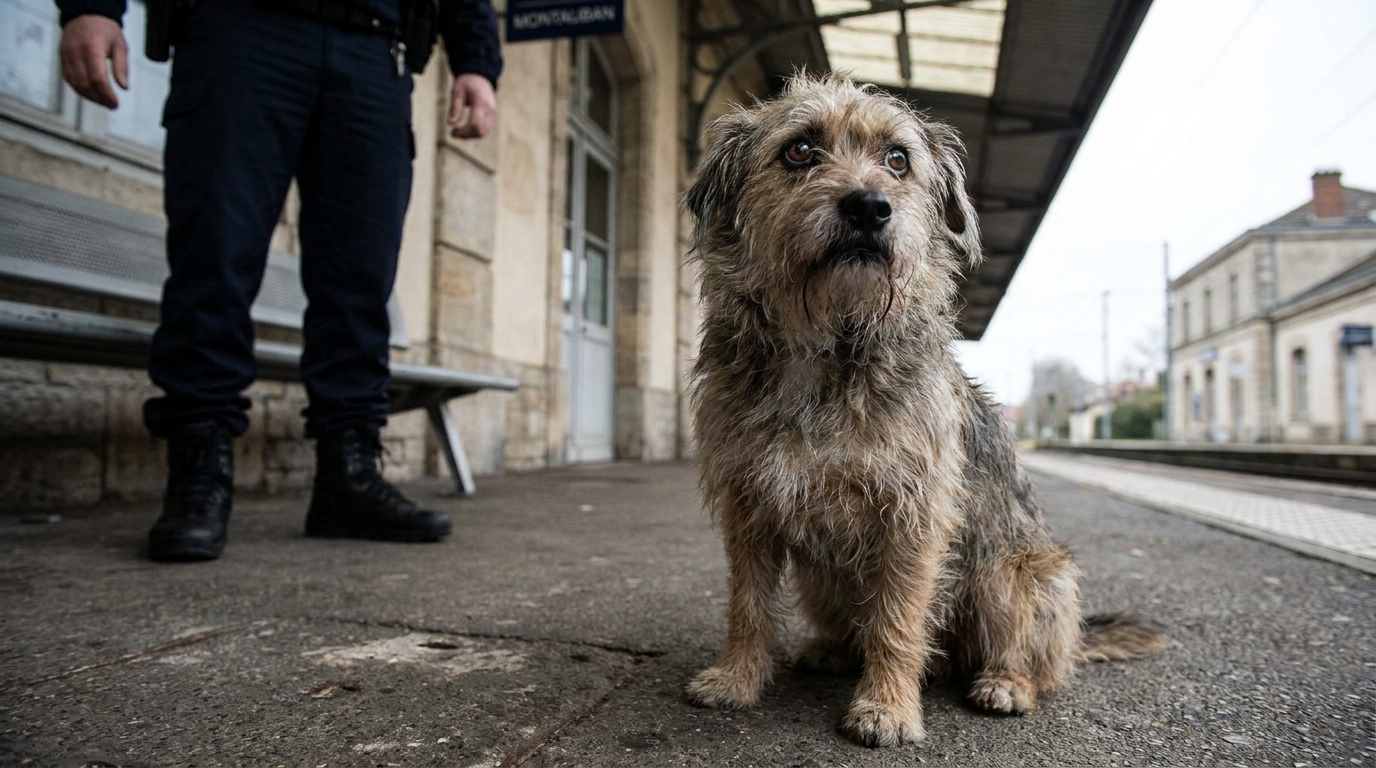 Un chien au regard inquiet assis sur un quai de gare en France, près des jambes d'un policier national, son maître étant hors champ.